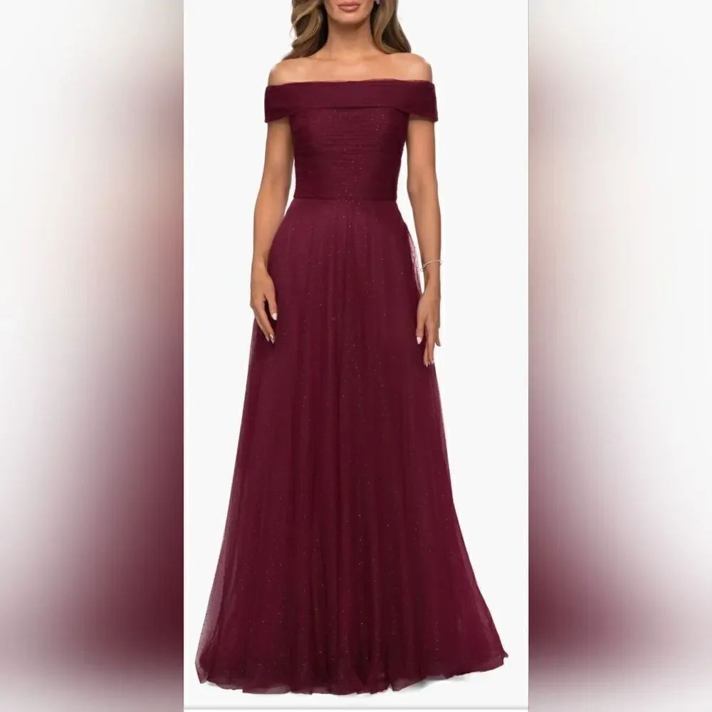 La Femme (28051) Embellished Off the Shoulder Mesh Gown NWT size 12 Burgundy